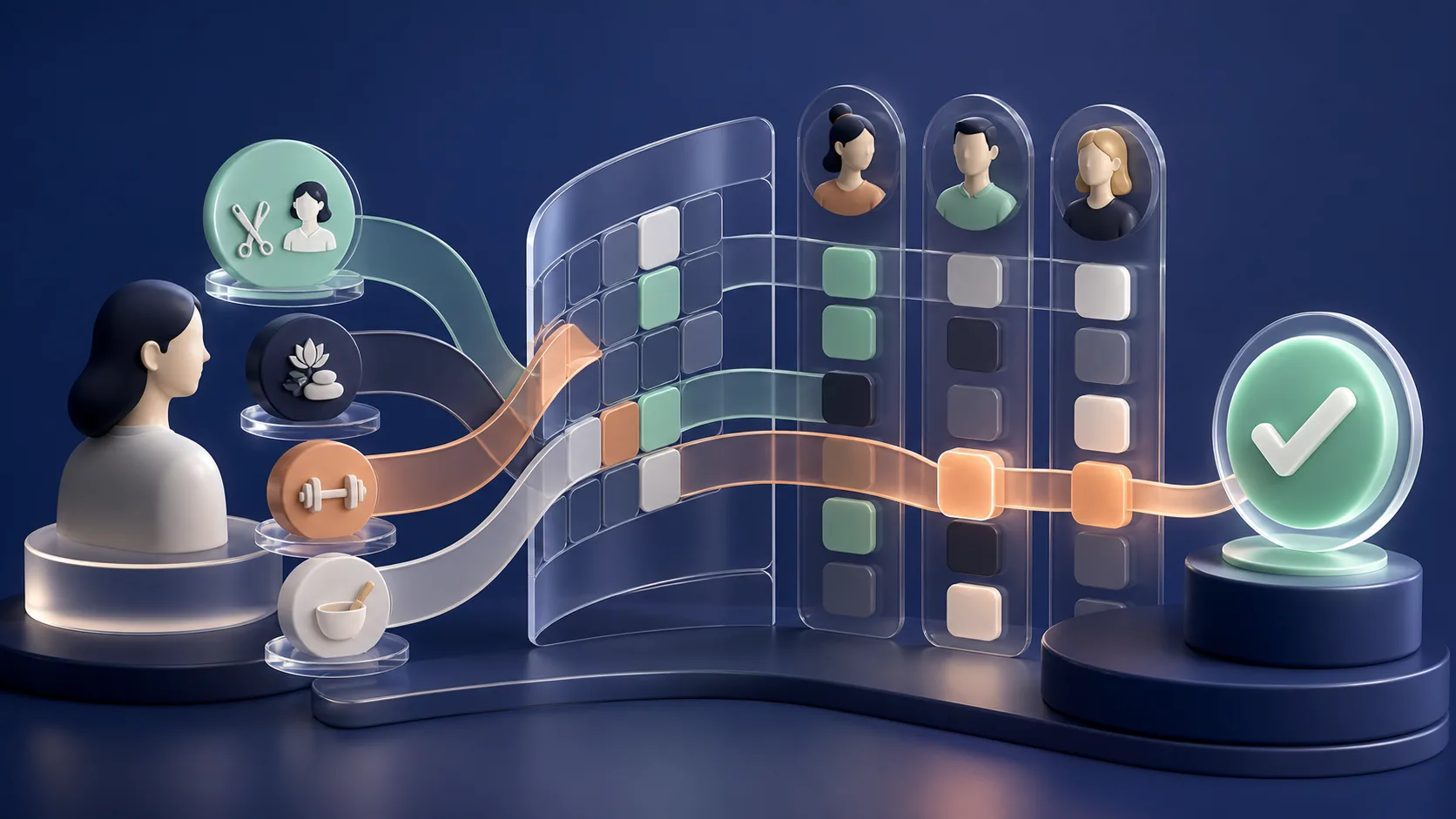 A customer booking flow connected to a team schedule and status board