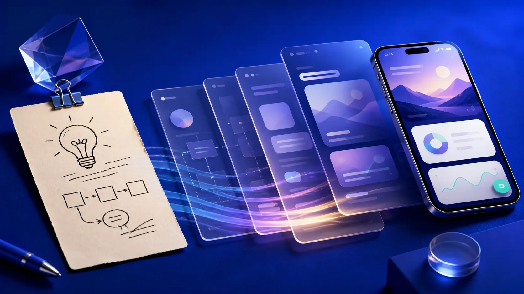 A rough handwritten idea transforming into a polished app interface