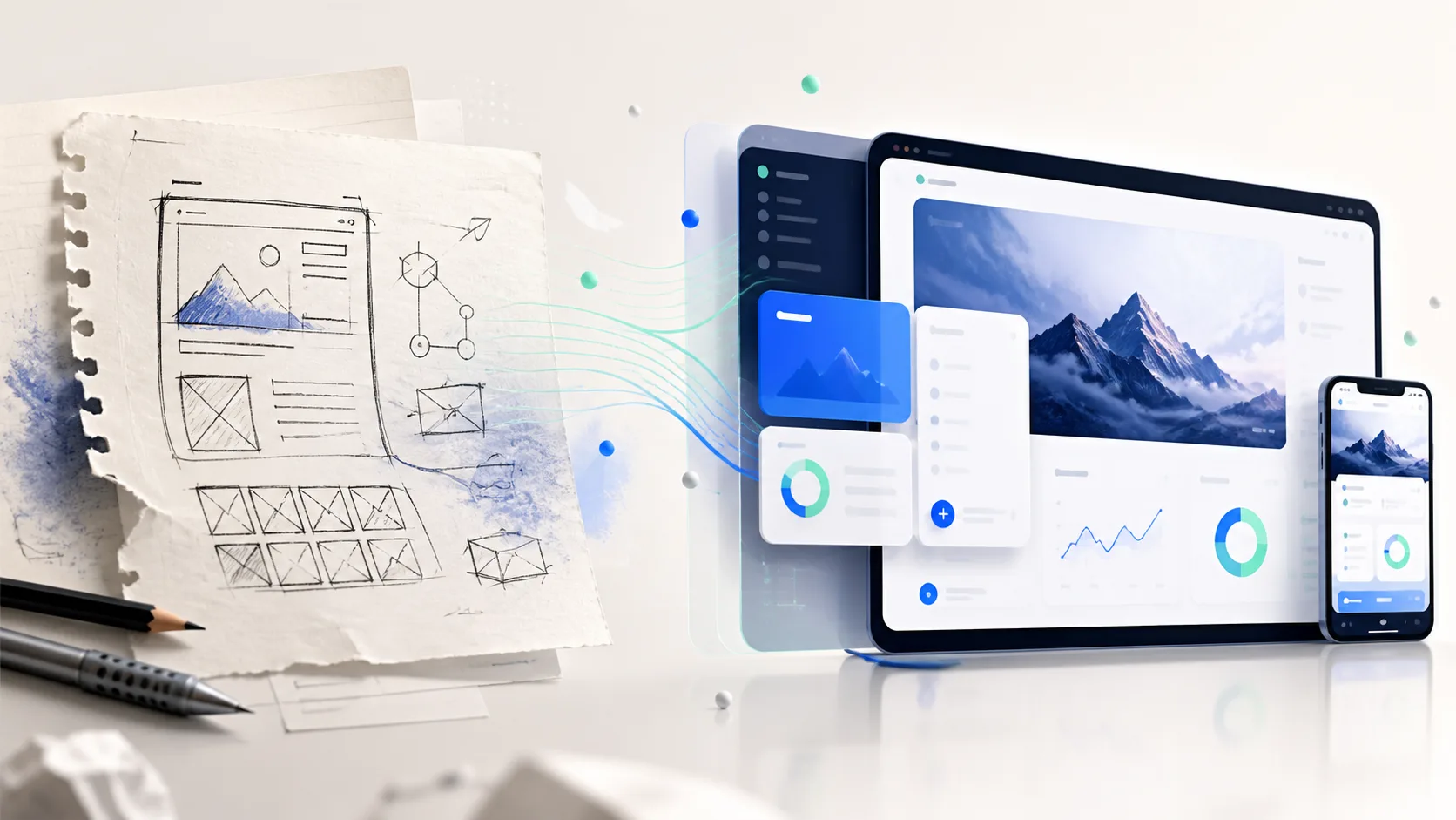 A rough handwritten idea transforming into a polished app interface